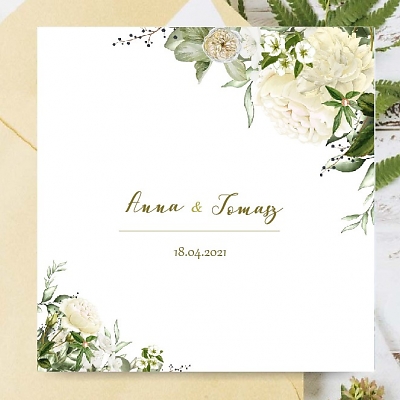 Zaproszenia Ślubne białe kwiaty i zieleń